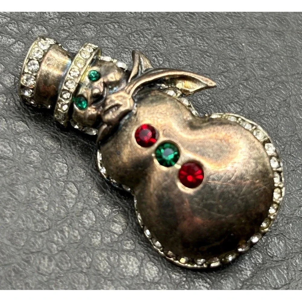VTG Jez Sterling Silver 925 Snowman Brooch Red Green Rhinestone Christmas Pin